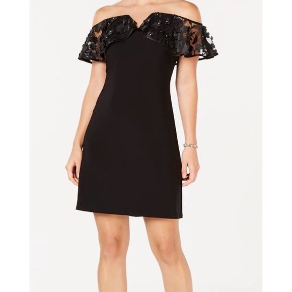 JBS Women Black Stretch Mini Lace Off-Shoulder A-Line Dress Sz XL Witchy Party - Picture 1 of 11